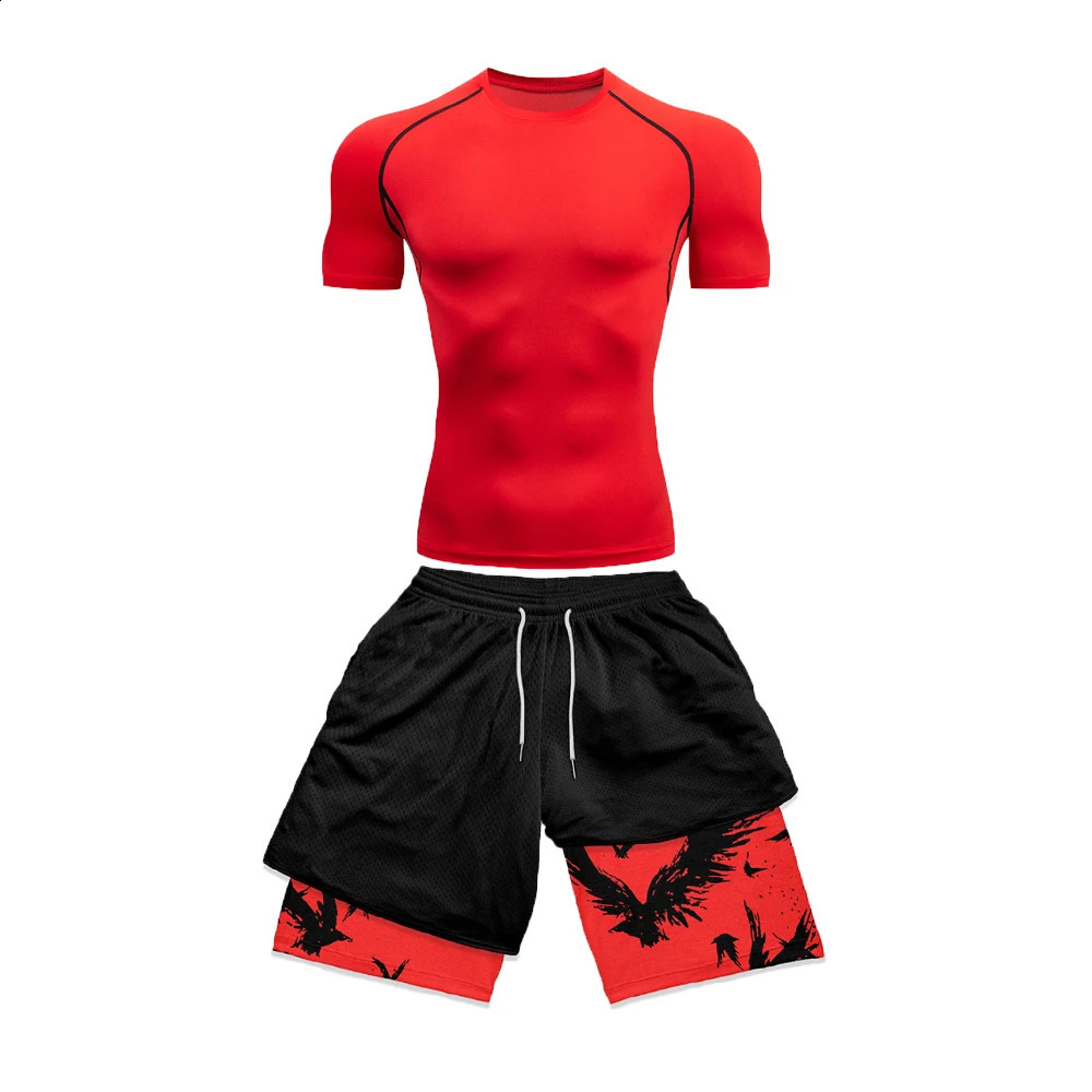 Mens Compression Suit Sports Fitness Quick Drying Tight Short Sleeved Anime Double Layer Shorts Summer 250319