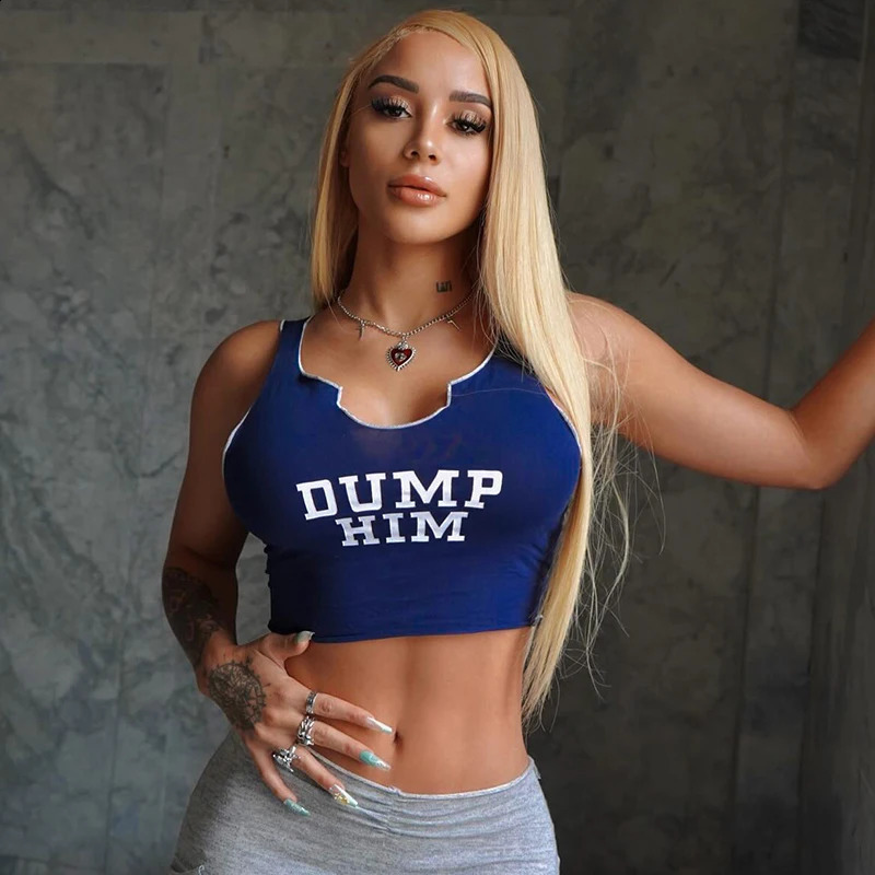 BUILDING GB Letter Printed Blue Graphic Tank Top Sport Fashion Vneck Sleeves Crop Sexy Womens Wear 250319