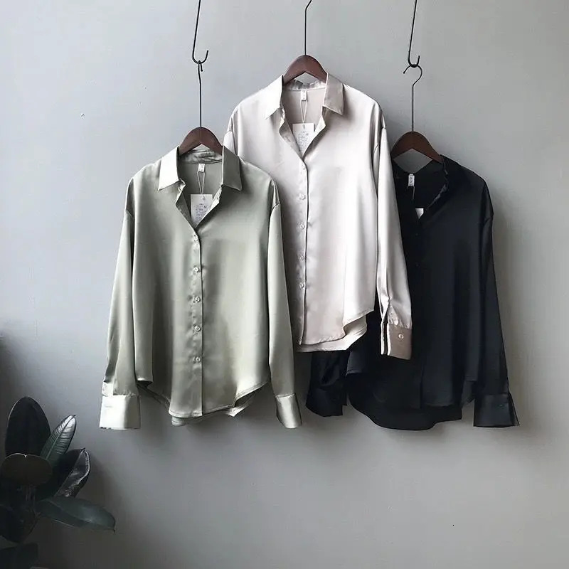 Women Silk Shirt Vintage Fashion Solid Button Up Long Sleeves Blouse Tops Female Summer Casual Loose Office Lady Shirts 250320