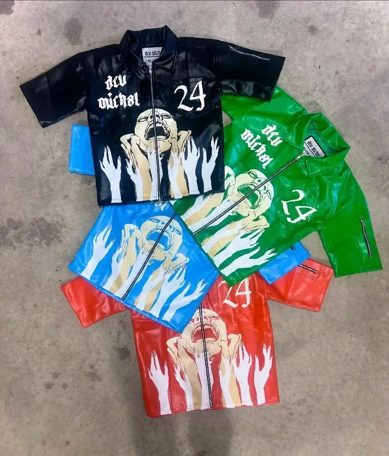 Y2K Harajuku Personalized leather pattern n zipper short sleeve Tshirt for women Summer lapel aesthetic Hip Hop 2024 250311