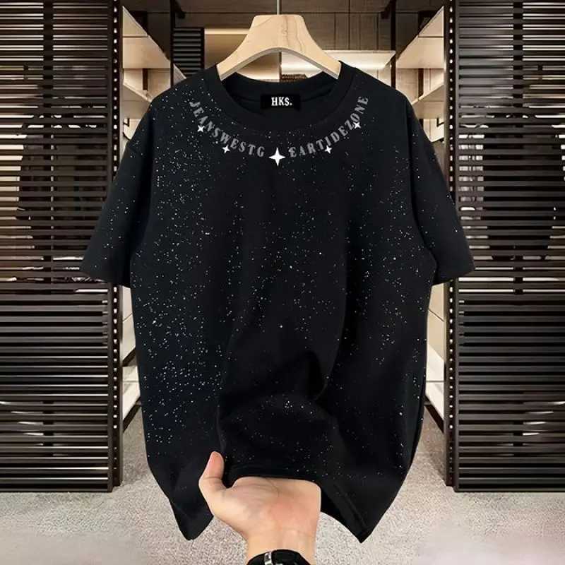2024 New Summer Fashion Trend Creative Personality Round Neck Full Sky Star Print Loose Leisure Oversized Short Sleeve T-shirtT250319