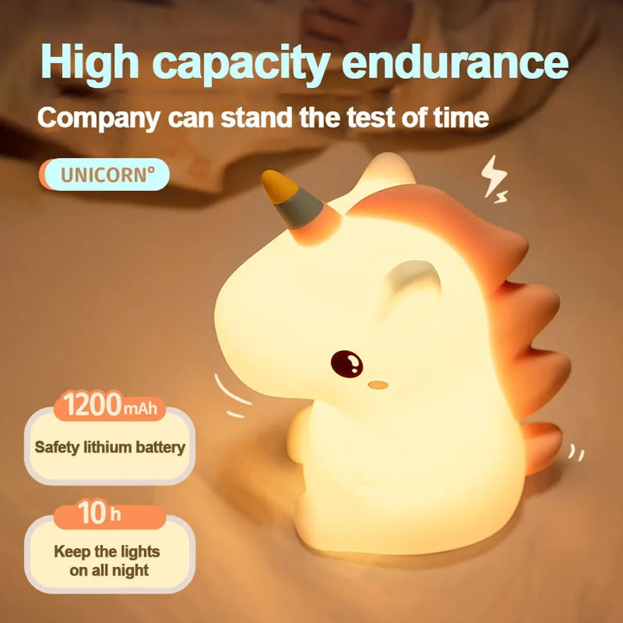 unicorn Cute Silicone LED Night Light For Kids children USB Rechargeable Cartoon Animal bedroom decor Touch Night Lamp for gifts 250319