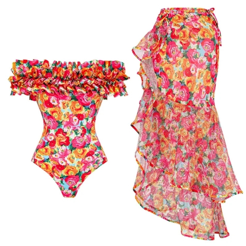 High quality onepiece swimsuit with floral ruffle print push up for womens bikini w250313