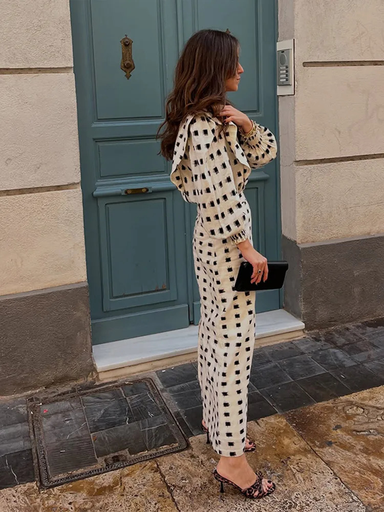 Elegant Puff Sleeve Folded Round Neck Shirt Maxi Tight Fashion Curly Edge Printed Set Womens Commuting Holiday 250320