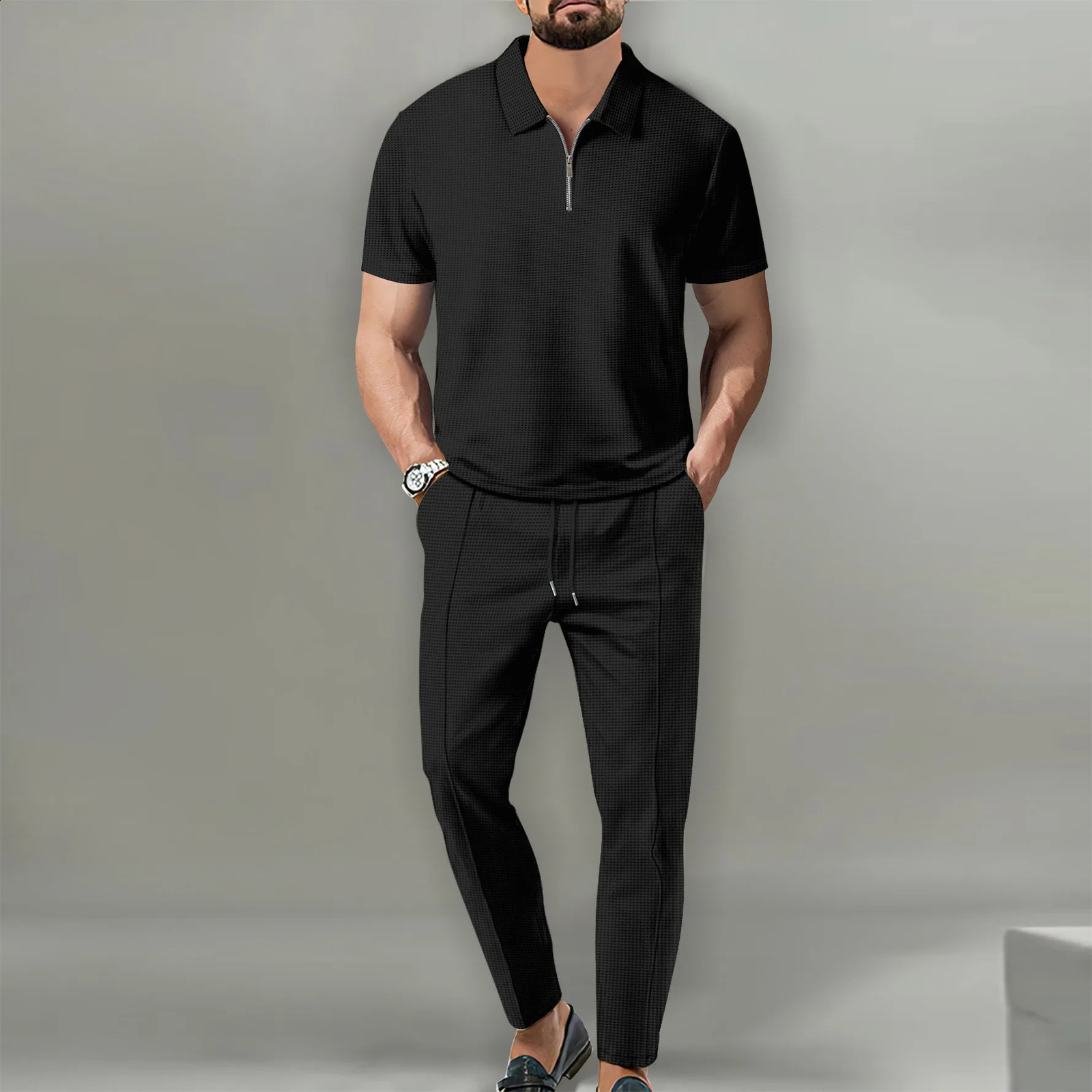 mens polo shirts 2 sets of casual and fashionable commercial breathable lapels pants drawstring solid color mens 2 sets 250318