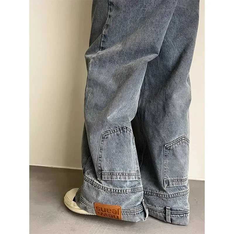 American style High Street Upside Down Design Sensitivity jeans European American hip-hop streetwear mens straight pantsT250319