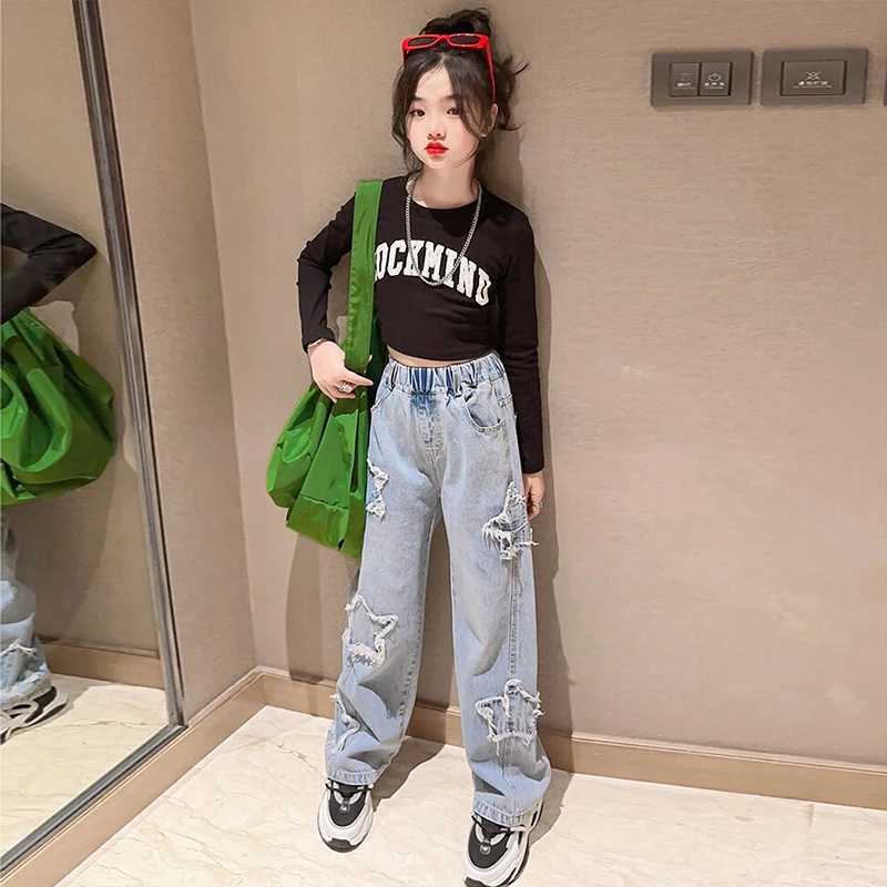 Spring and Autumn Teen Girls Cowboy Wide Leg Pants Children Trouser New Fashion Star Pattern Girls Jeans 5-14 Year Old Childrens ClothingT250326