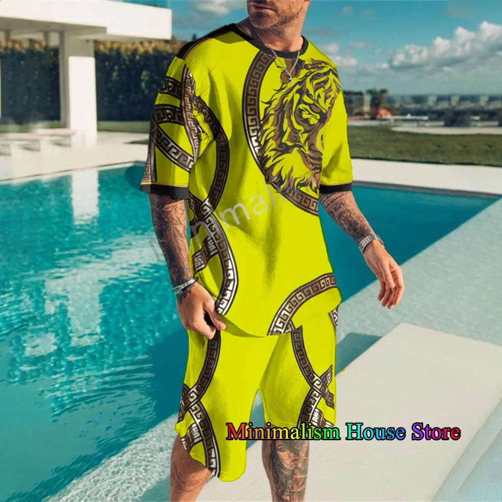 Summer Men Set Fashion 2-piece Set Tiger Print Tracksuit For Men T-Shirt Shorts Suit Casual Oversized Clothes Vintage Sports Set 250319