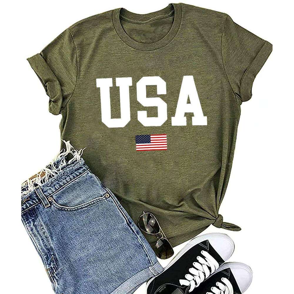 Tshirt Shirts Tee Shirt Womens Clothes Blue Tshirt French USA Flag Letters American Independence Day Print Style T-shirt Windbreaker