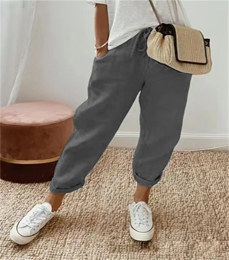 Womens Cotton Linen Pants Spring Summer Solid Elastic High Wasit Pockets Nine Points trouser Ladies Loose-fitting Lace Up Pants 250320