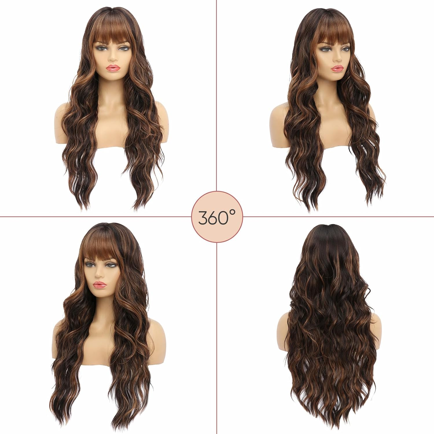 Long Brown Wavy Wigs Long Curly Wig with Bangs Natural Appearance Heat-Resistant Synthetic Wig Suitable for Fashionable Women