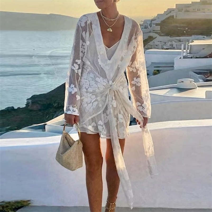Vintage Print Floral Lace Beach Cover-up Dress Sexy Ladies Deep V Knot Mini Dress Casual Women Long Sleeve Solid Vocation Dress 250319