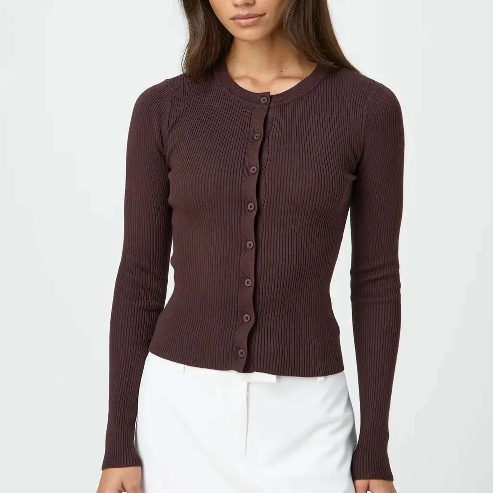 Women Autumn Winter Cardigan Long Sleeve Round Neck Button Up Ribbed Knitwear Slim Sweater