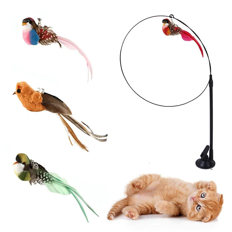 Cat toy simulation bird feather cat teasing stick epoxy suction cup steel wire long self high harmless ingredients 250320
