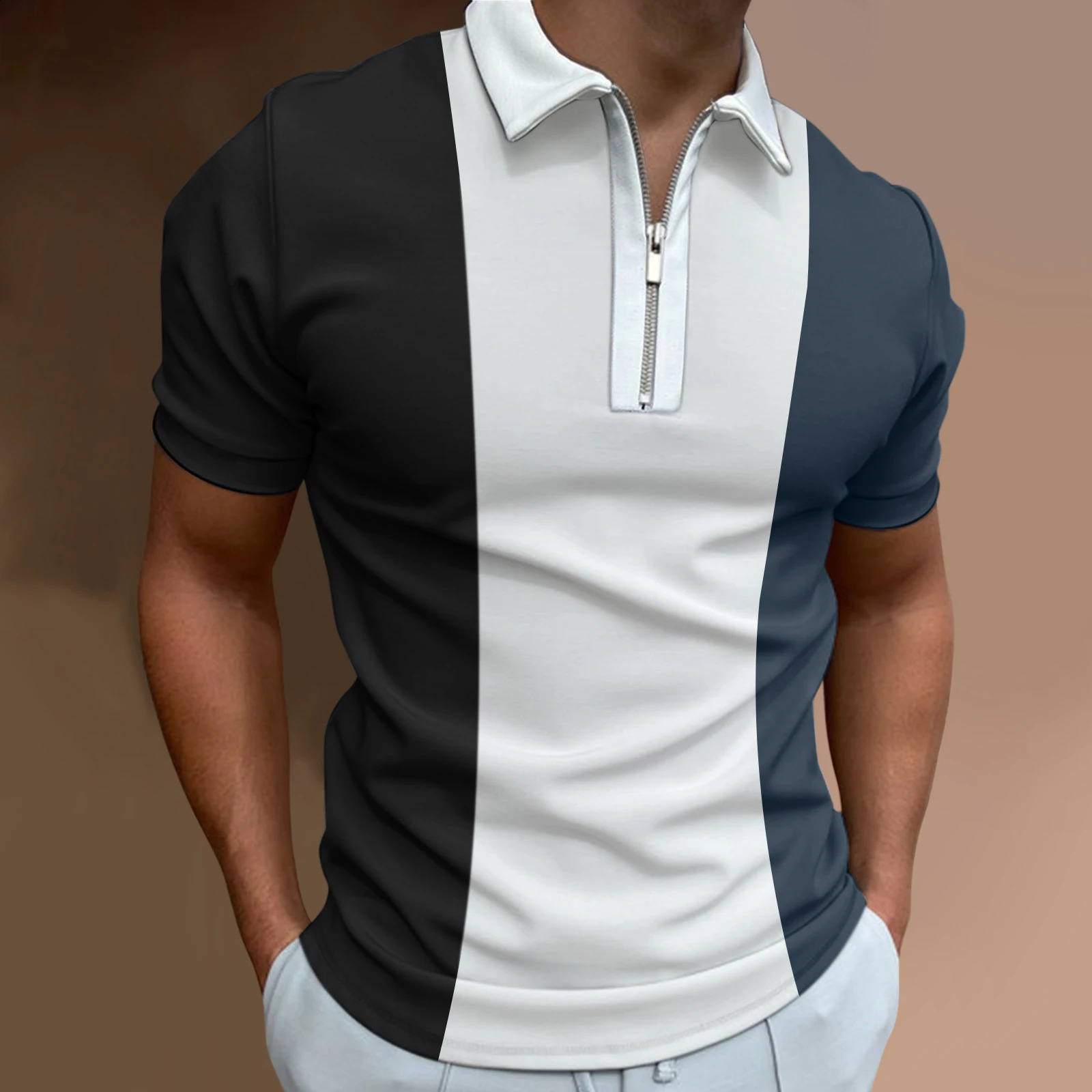 Mens Solid Color Striped Polo Shirt Short Sleeve Golf Turn-down Collar Zipper Polo Shirt for Men Casual Streetwear Summer Tops 250319