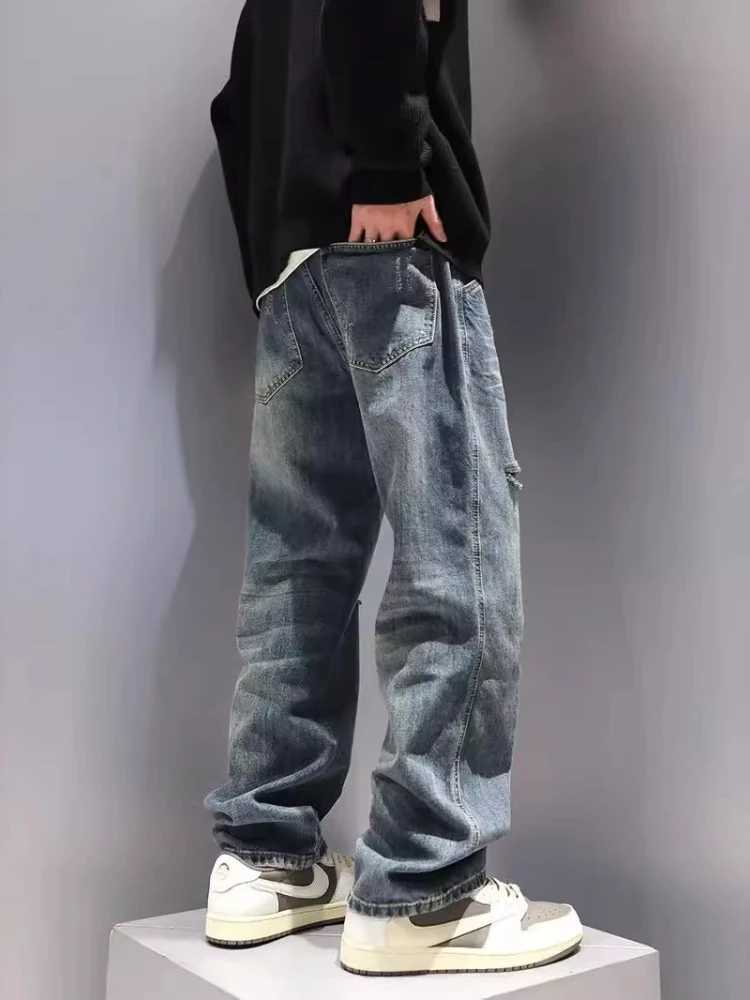 New mens open top jeans with pockets straight fashion retro blue denim pants personalized streetwear hip-hop high-quality mens trousersT250319