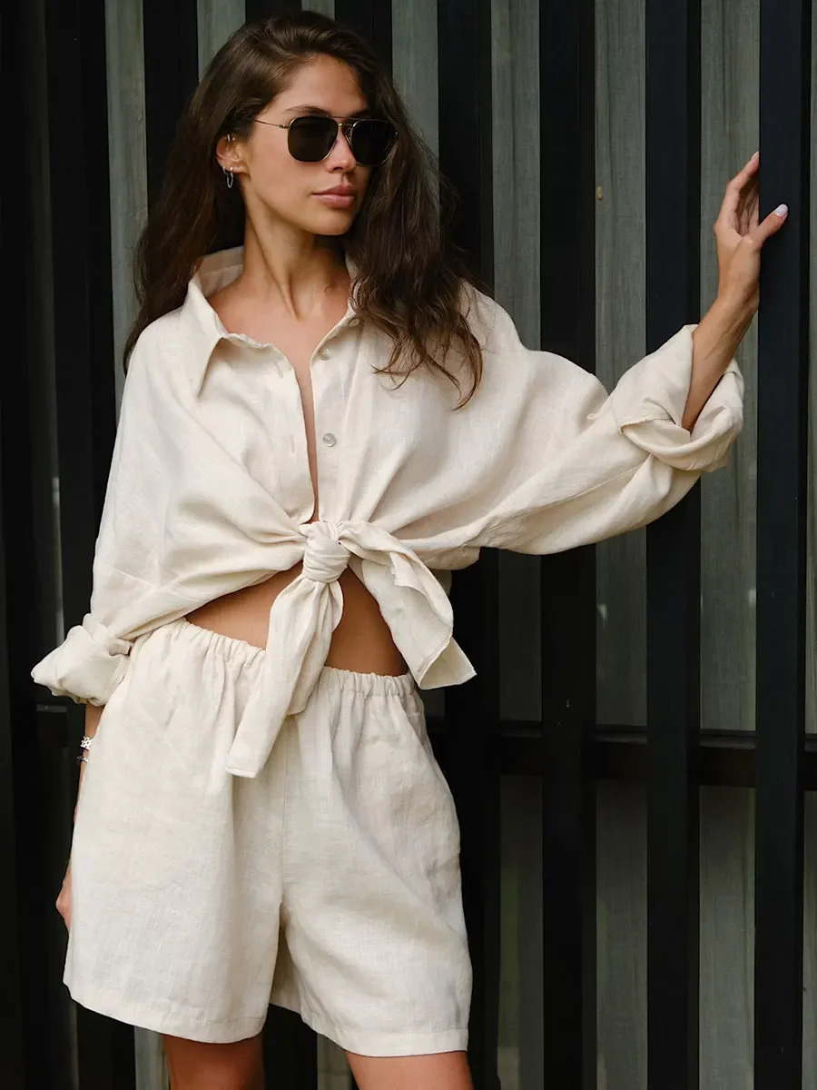 Bornladies Casual Shorts Sets 100% Cotton 2 Pieces Cozy Lapel Lantern Sleeve Shirt Summer Outfit Elastic Waist Shorts Suits 250318