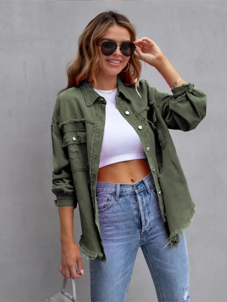 Autumn and Winter Womens Denim Jacket Fashion Grinding Edge Piercing Long Sleeve Single Chest Casual Collar Top 250317