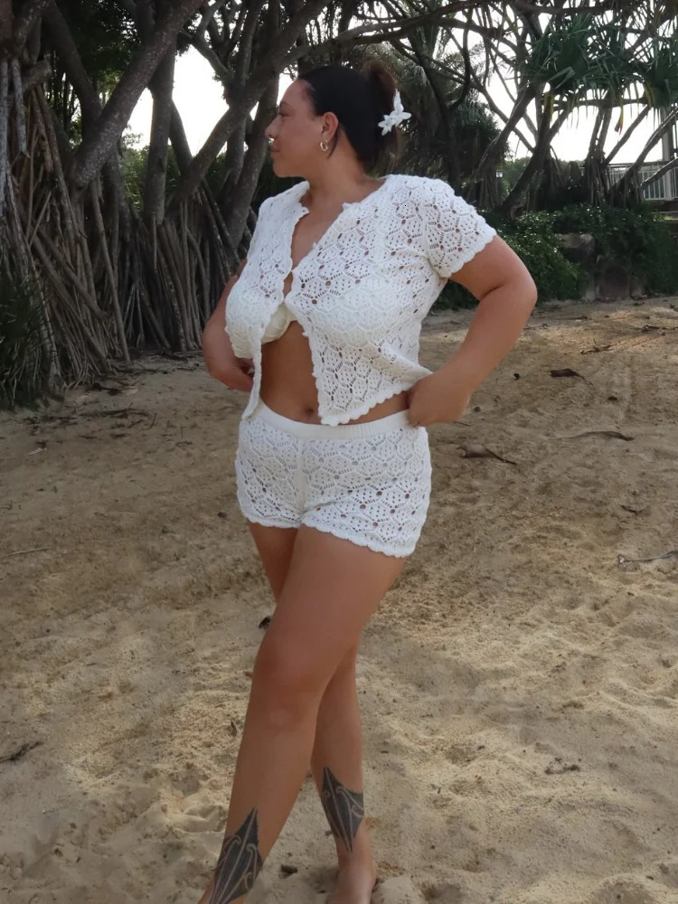Casual Solid Women Hollow Out Knitted Short Set 2025 Fashion See Through O Neck Singlebreasted 2 Piece Spring Lady Outfit 250320