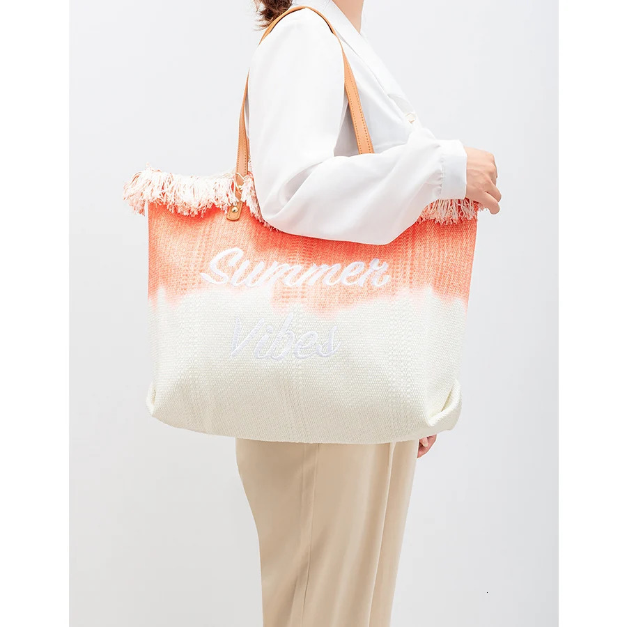 Canvas Tassel Womens Bag Trend Color Contrast Tote Bags Summer Embroidered Letter Straw Beach Bag Casual Bolsas Large Handbags R250320