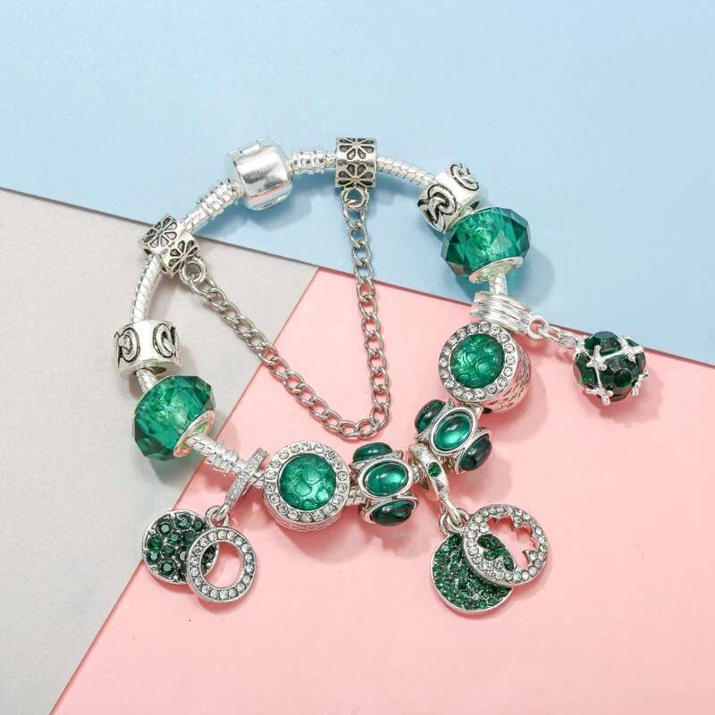 Original Charm Bracelet For Women Green Crystal Glass Beads Pendant DIY Snake Chain Bijoux Pulseras Jewelry Gift Dropshipping