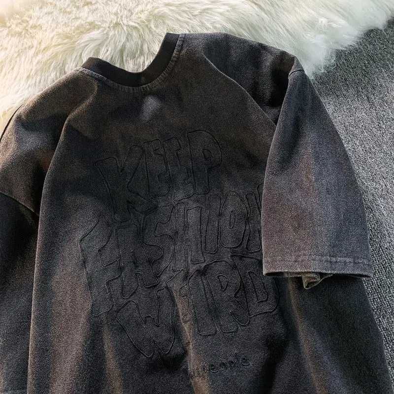 Y2k American chic letter embroidery womens plus size T-shirt street trend cool top 2024 new summer wash black T-shirtT250320