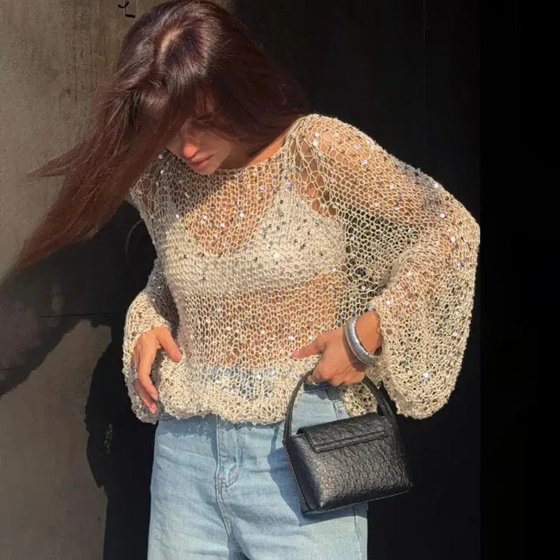 Women Sequins Pullover Hollow Out Knit Top Loose O-neck Long Sleeve Sweater Sweet Sexy Glitter Lady Shirts Spring Sumer 250320