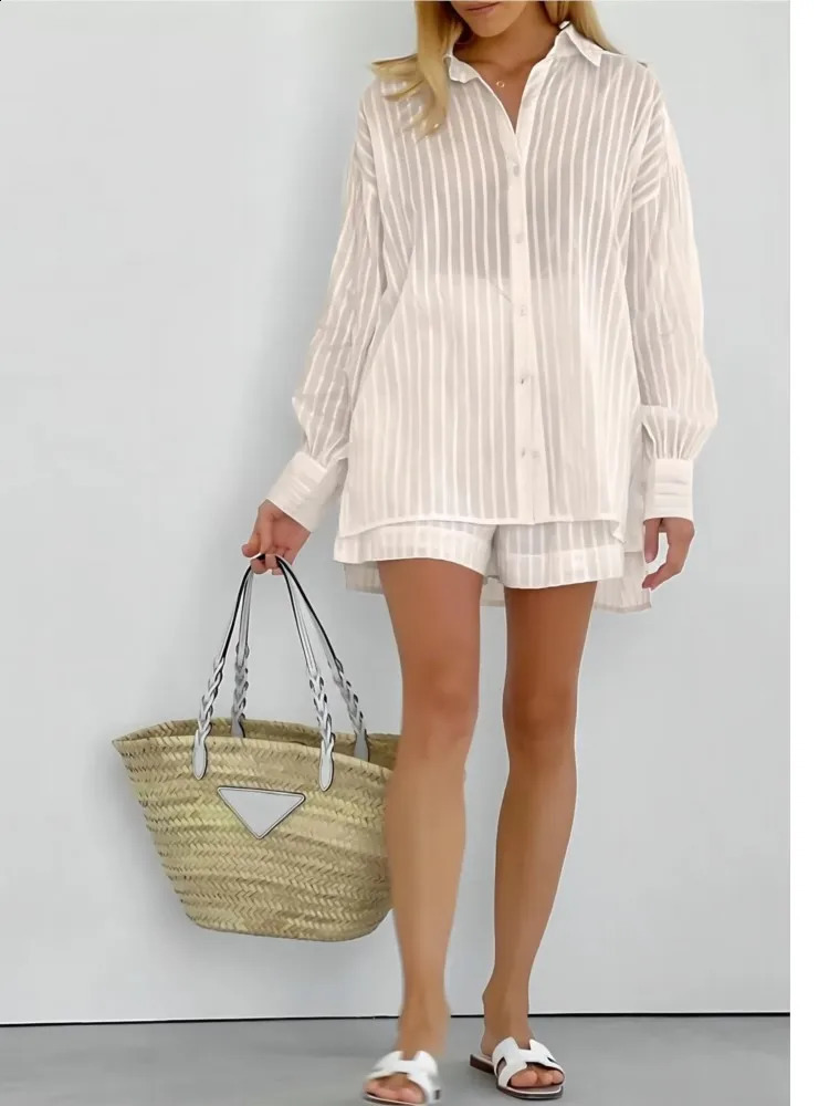 Spring and summer pure cotton short sleeved two-piece set womens long sleeved shirt two-piece set simple style womens set 250318