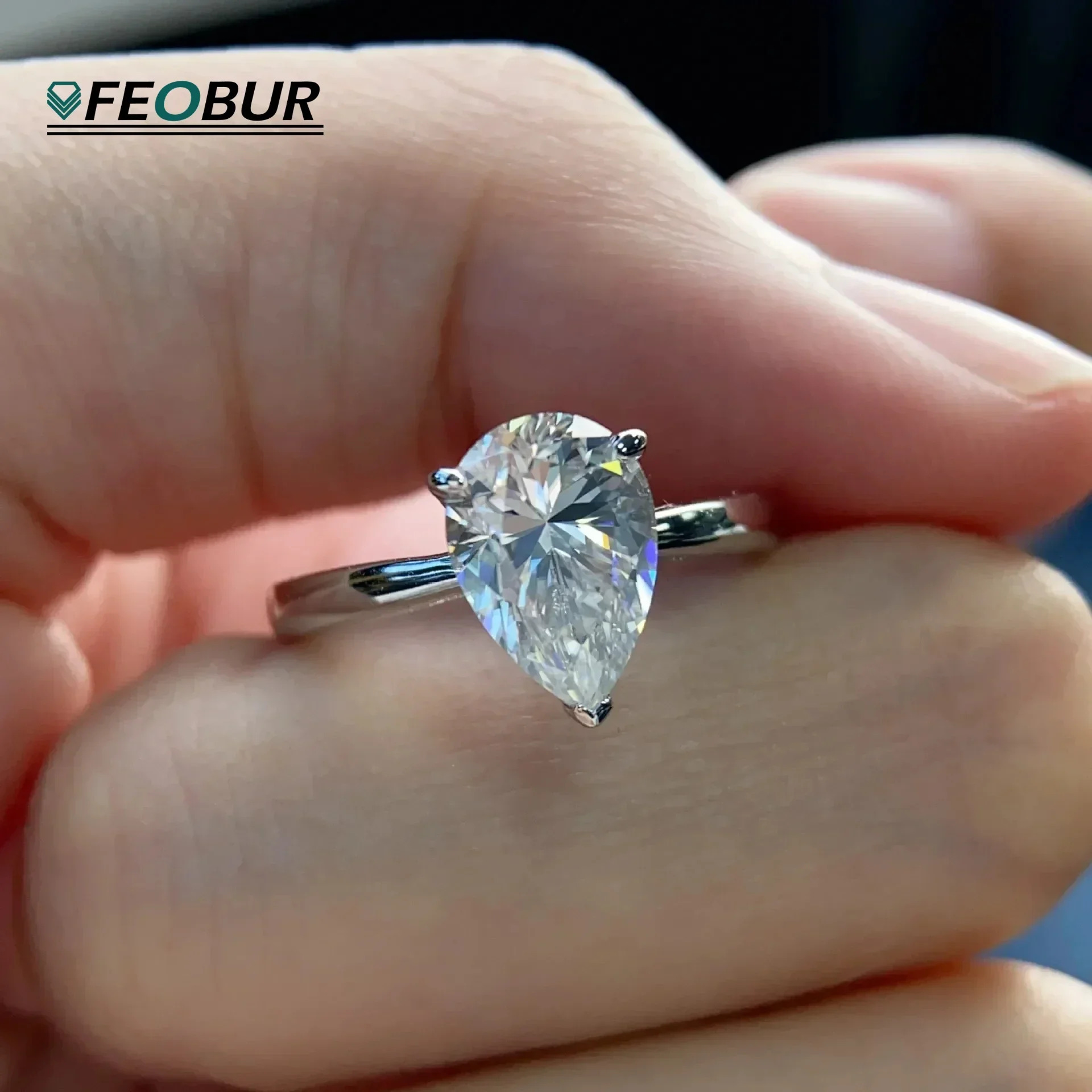 FEOBUR 7*11mm 3Carat Pear Moissanite Ring for Women S925 Sterling Silver Waterdrop Lab Diamond Engagement Wedding Band Jewelry