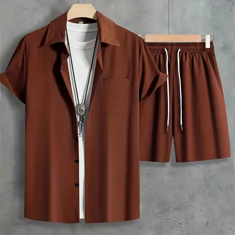 Mens Shirt T-shirt Two-piece Summer Fashion Solid Colour Plus Size Suit Quick-drying Breathable Mens Travel Office Clothing 250319