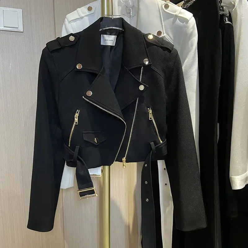 Korean Fashion Hard Zipper Short Sleeve Collar Coat Thin Long Sleeve Motorcycle Jacket Clown Jacket Cowboy Jacket Womens 250317