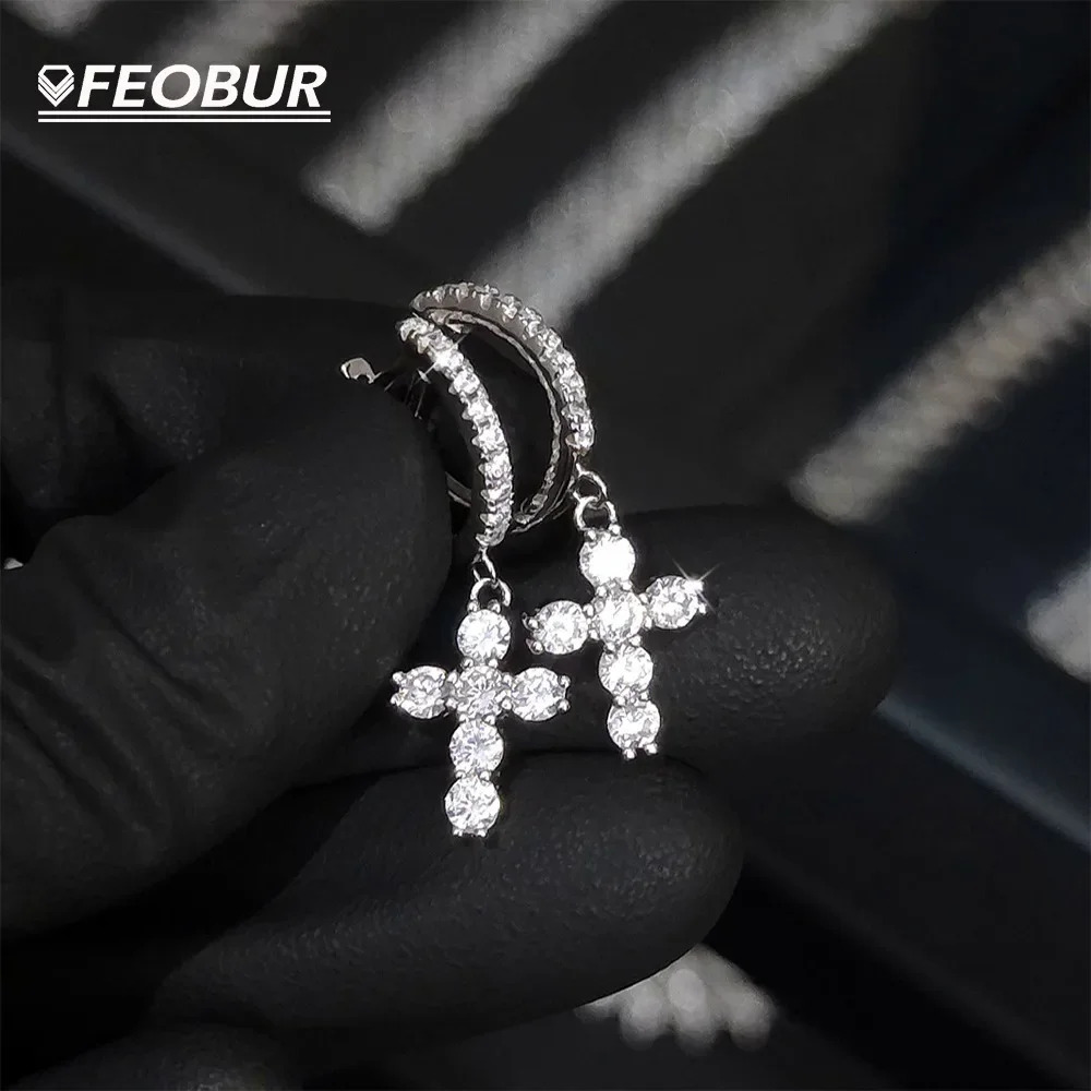 FEOBUR Full Moissanite Cross Drop Earrings for Women 100% 925 Sterling Sliver Lab Diamond Dangle Earrings Men Hiphop Jewelry
