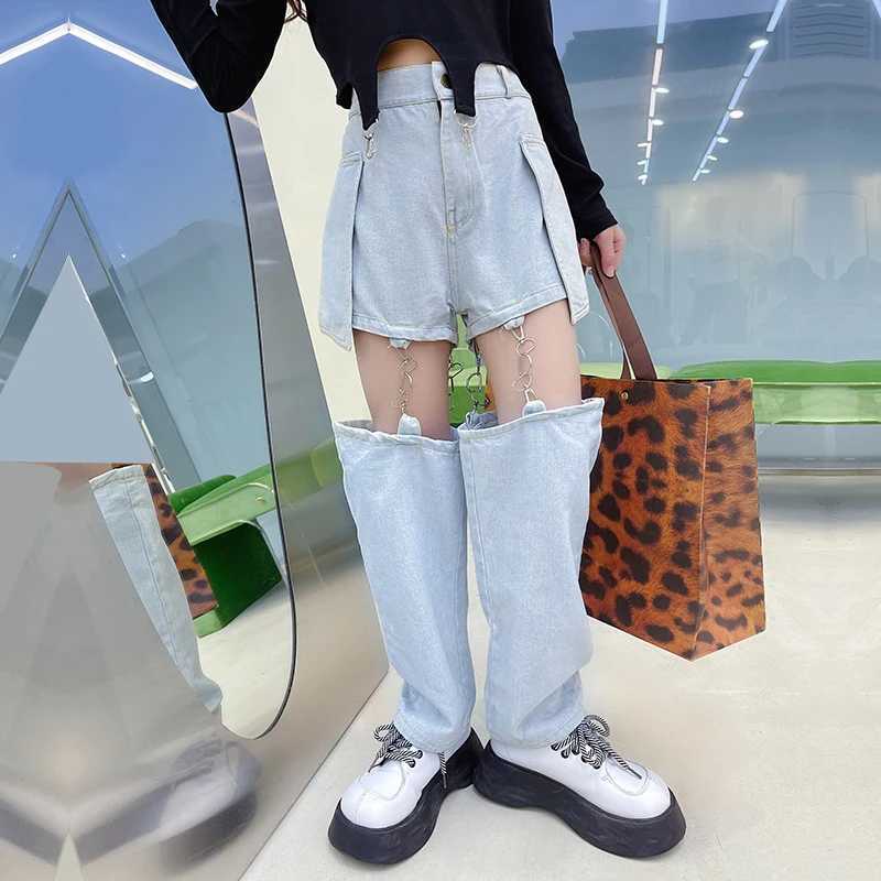 Fashionable Childrens Jeans Teens Girls Pants Hip Hop Hooks Split Jeans Shorts Spring Summer Kids Trousers Trend Wide-Leg JeansT250326