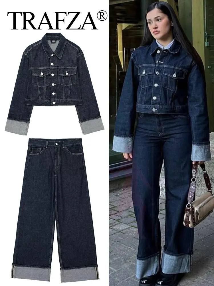 TRAFZA Womens Retro Denim Jacket Pants Set Single Chest Collar Long Sleeve Coat Wide Leg Trouser Jeans High Street Outfits 250320