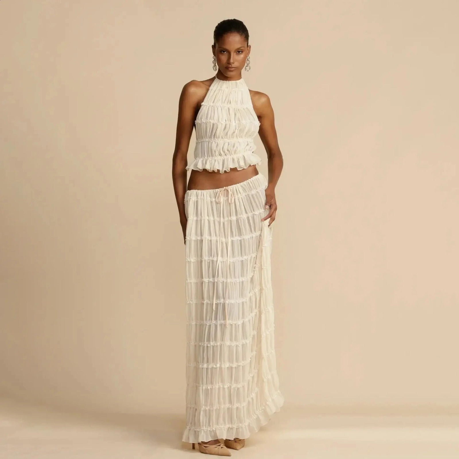 Spring Summer Female 2 Piece Set Fashion Solid Hang Neck Long Skirt Suit Women Backless Sling Top Lace Up Fold Maxi Skirts 250318