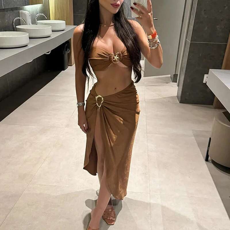 Sexy 3-piece bikini metal buckle sleeveless top thong with split skirt bikini swimsuit holiday set latest women's swimsuit