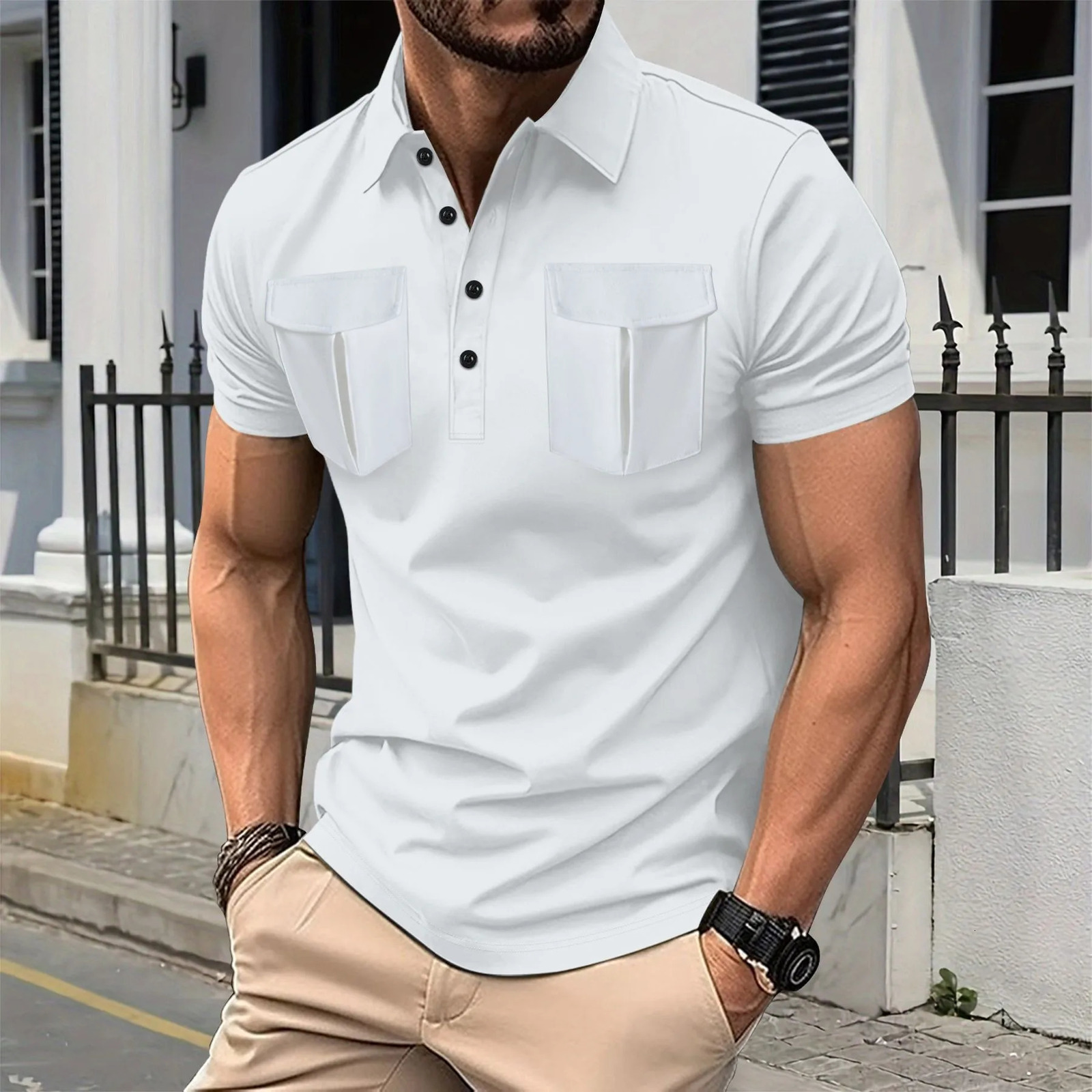 crossborder mens short sleeve simple long front button lapel double pockets solid color casual POLO shirt 250317