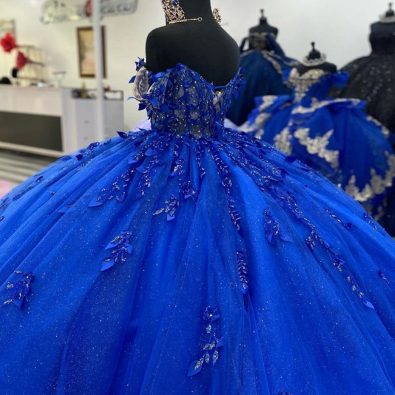 Royal Blue Shiny Quinceanera Dresses Ball Gown Off the Shoulder Lace Applique Beads Tull Corset Sweet 16 Dress Vestidos De 15 Anos