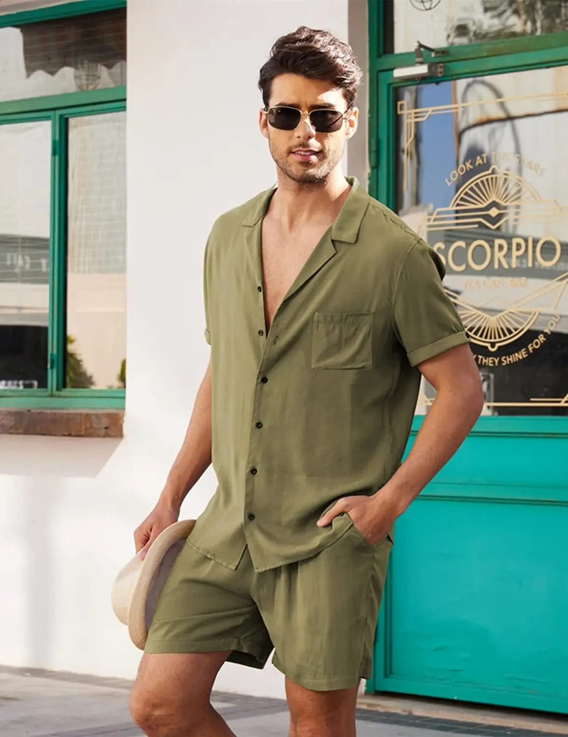 Summer cotton linen shirt set mens casual sports 2-piece set and family clothing sleepwear comfortable and breathable beach short sleeved set 250314