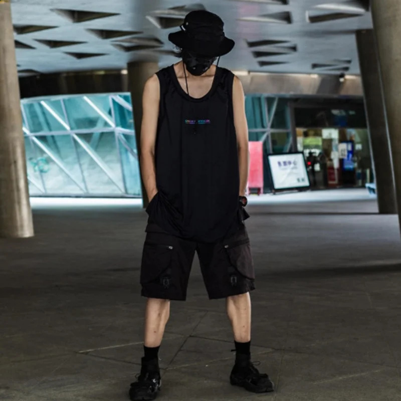 Spring Summer Men Reflective Sport Tank Tops Y2K Dark Punk Style Techwear Vest Personality Printed Sleeveless T Shirt 250318