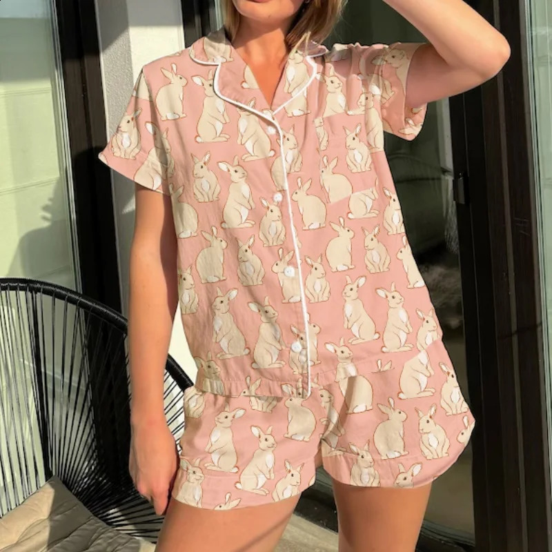 Women 2 Piece Easter Pajamas Set Short Sleeve Button Up Shirt Pjs Shorts Preppy Set Cute Easter Bunny Egg Sleepwear Loungewear 250319