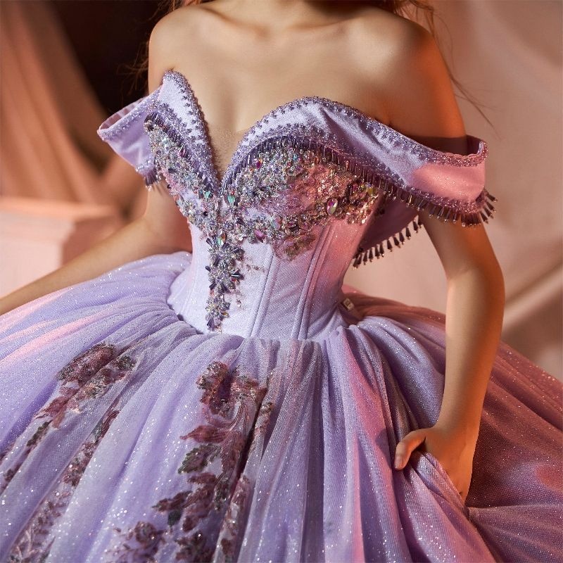 Lilac Gillter Princess Quinceanera Dresses Sequin Applique Lace Beads Crystal Tull Corset Lace-up vestidos de 15 anos Party Birthday Sweet 16 Dress