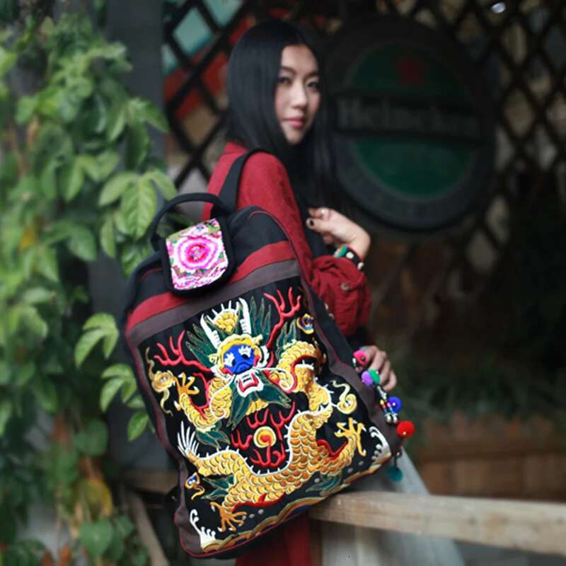 Top Women's Fashion Large Bags Black Canvas Embroidered Ethnic Bag School Backpack