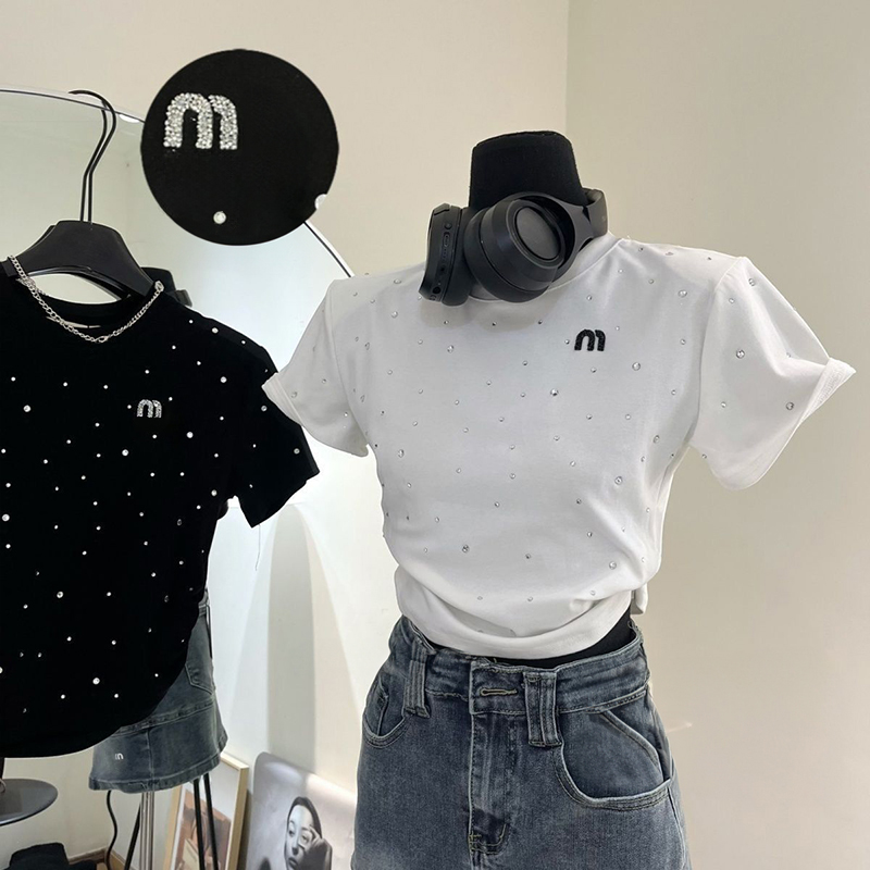Women's T-Shirt Tees Crop Tops Rhinestone Women's Clothing Apparel Letter Y2K Fashion Sexy Spicy Girl Slim Fit Wrinkle Vintage Short Sleeve