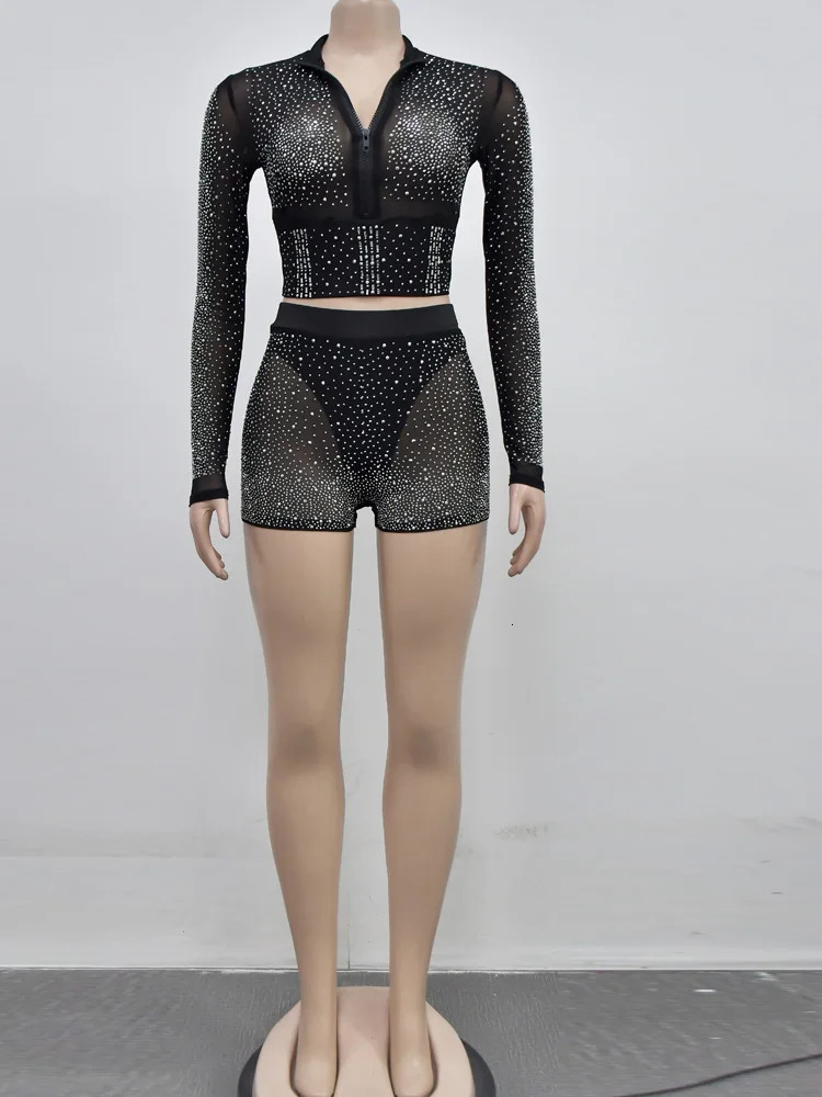 Beyprern Sparkle Crystal Embossed Top and Matching Shorts Set Womens Diamond Two Piece Birthday Dress Sexy Club 250320