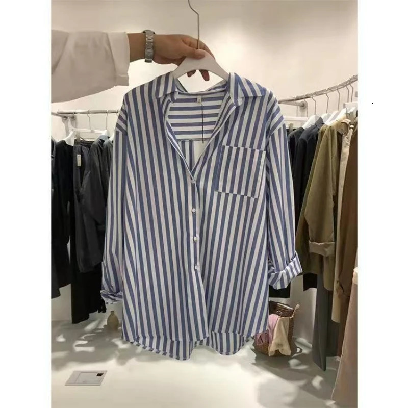2025 Spring Style Loose Casual Free Koeean Size Small Fresh Vertical Blue Striped Long-Sleeved Shirt Ladies With Coat Blouse 250320