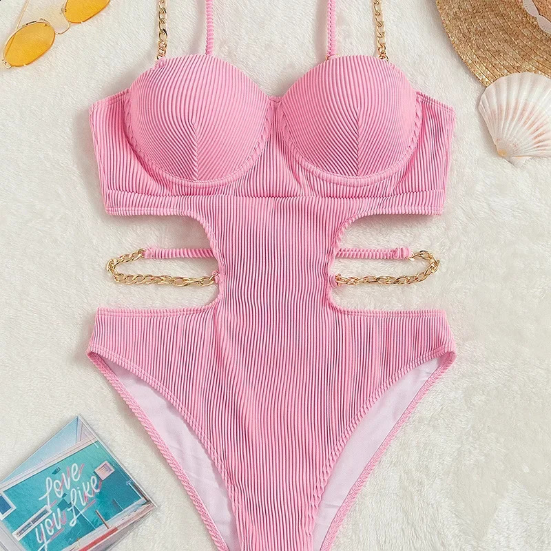 Sexy Push Up Underwire One Piece Swimsuit Women Solid Pink Metal Chain Hollow Out Ribbed Bathing Suit Backless Swimwear Monokini 250319