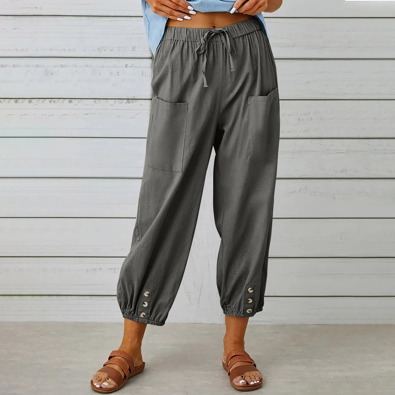Cotton Linen Summer Pants for Women High Waist Elastic Casual Trousers Streetwear Solid Female Clothes Loose Pencil Pants 250320