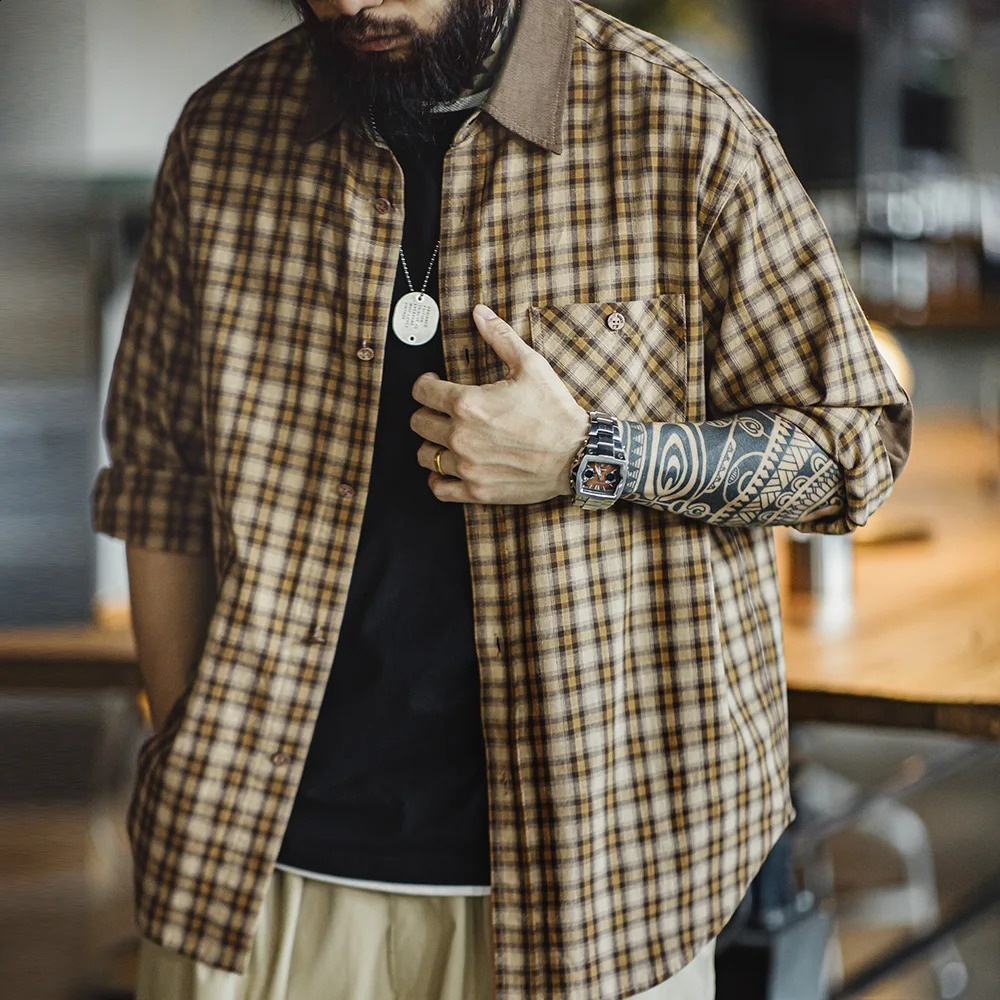 Madens retro plain long sleeved shirt with Corduroy patchwork lapel n jacket suitable for mens autumn daily top 250317