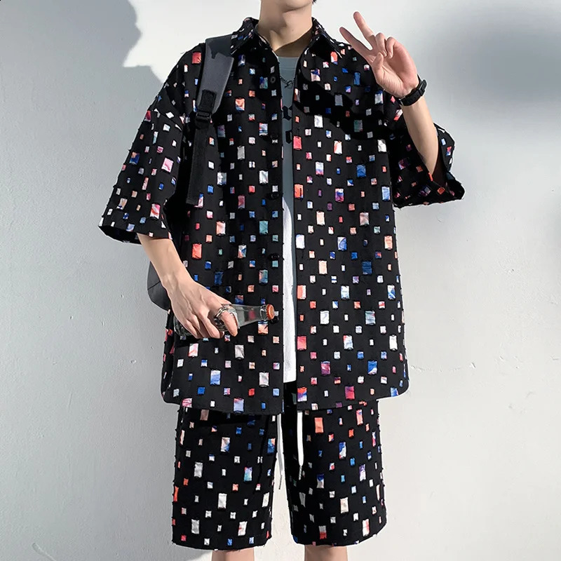 Summer Plaid Sets Men Fashion Short Sleeved Shirt/Shorts Two-piece Mens Streetwear Loose Hollow Out Set Mens Short Sets M-5XL 250319